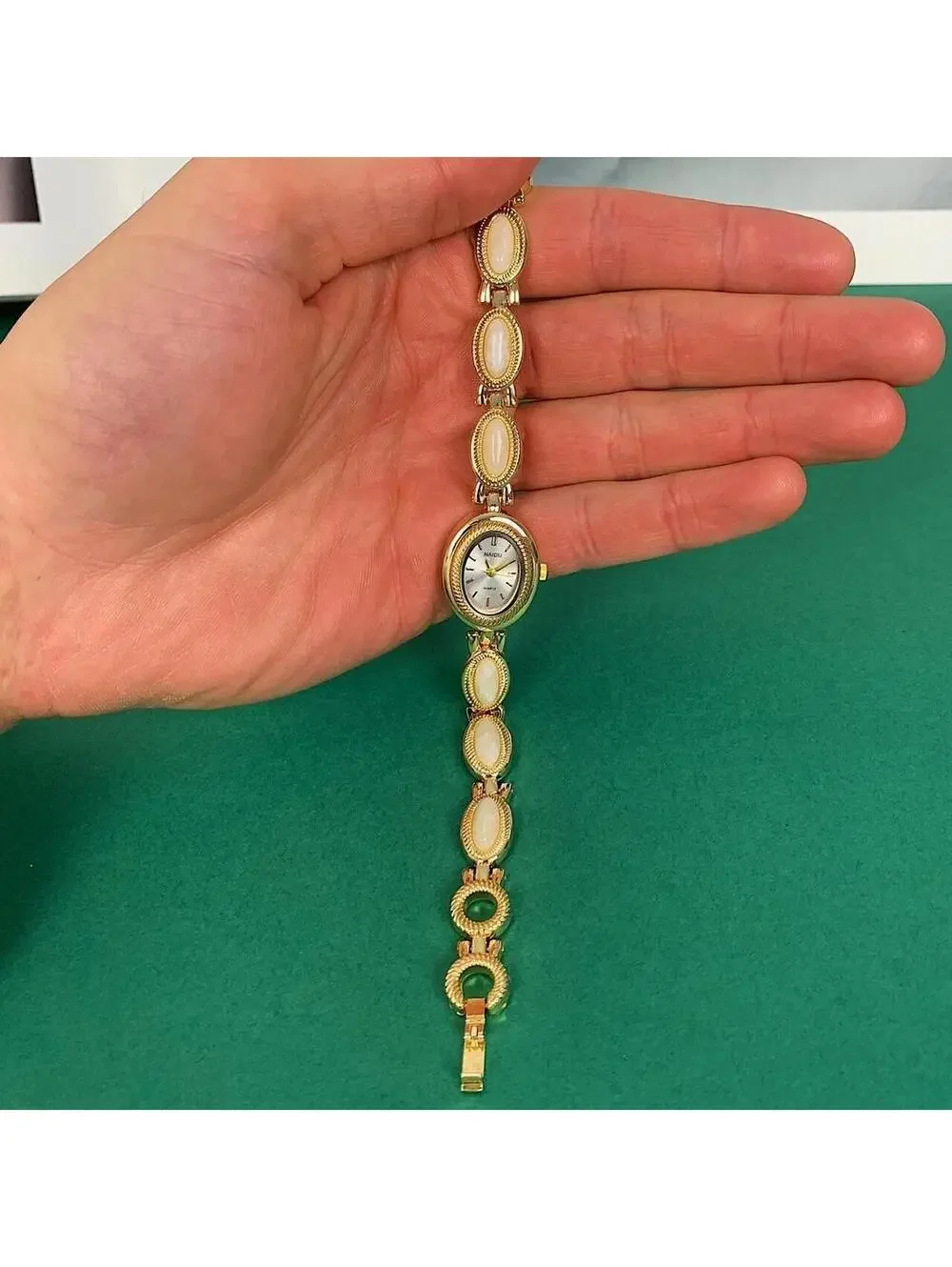 Y2k style Dainty cute Gold style tone quartz watch with lime green jade stone op